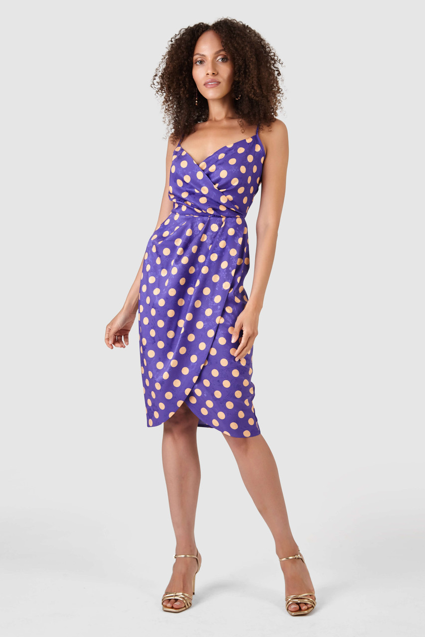 Purple Polka Dot Midi Wrap Slip Dress